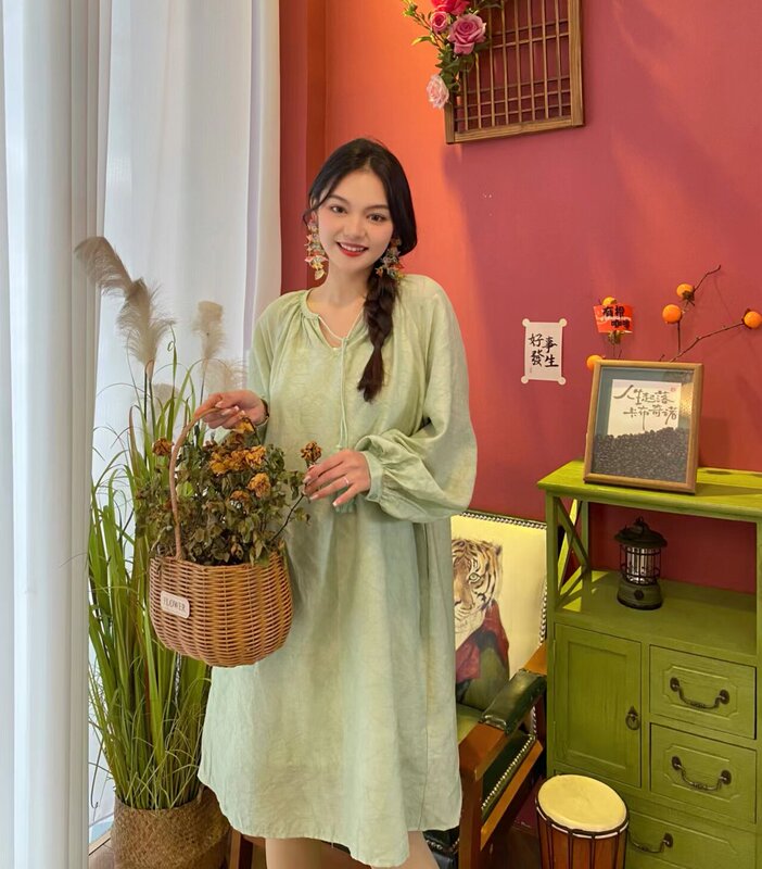 Sun-Protective Green Loose-Fitting New Chinese-Style Tencel French Tea Break Lazy Style Niche Petite Dress