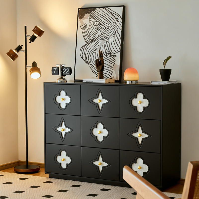 Fujiya French-Style Black Vintage Shell Nine-Drawer Cabinet for Living Room, Bedroom, Bedside Storage, and Sideboard