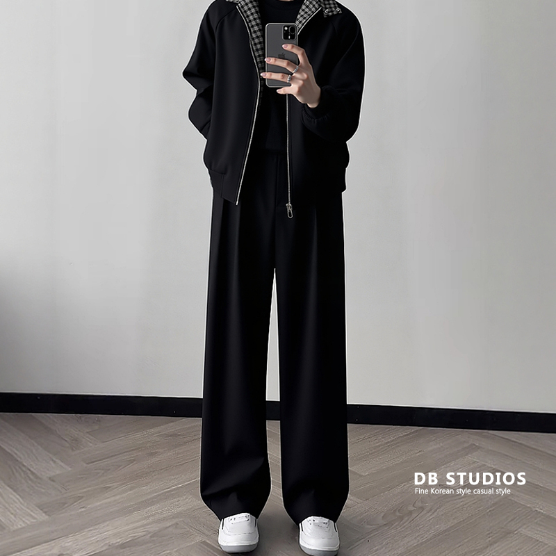 Autumn Double-Pleated Straight-Leg Wide-Leg Dress Pants for Men, Loose Casual Drapey High-End Black Stylish Wrinkle-Resistant Floor-Length Trousers