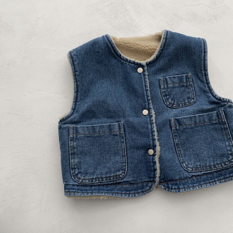 Children Soft glutinous full cotton lamb wool Two sides wearing denim waistcoat for winter Korean version Men and women Fairy Pure Thickened Vest
