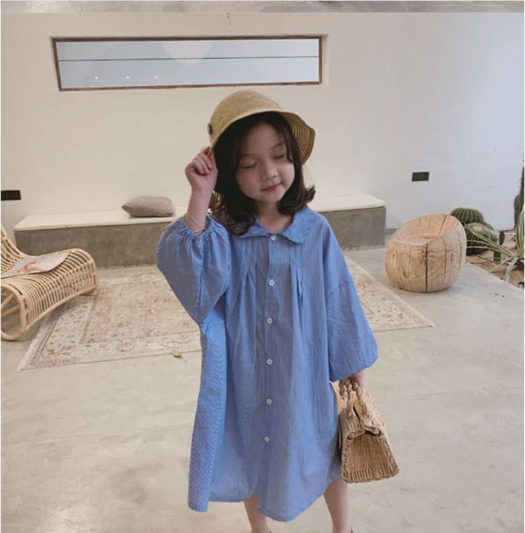 (Broken Code) Girls' Good Quality Korean Doll Collar Cotton Doll Sleeves Loose Shirt Striped Dress