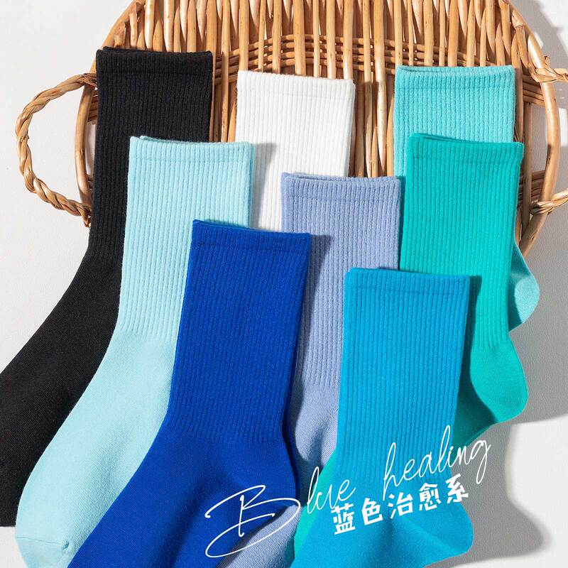 Lake Blue Socks for Women, Summer Thin Klein Blue Mid-Calf Socks, Blue Pure Cotton Long Socks, Solid Color Sports Long Socks