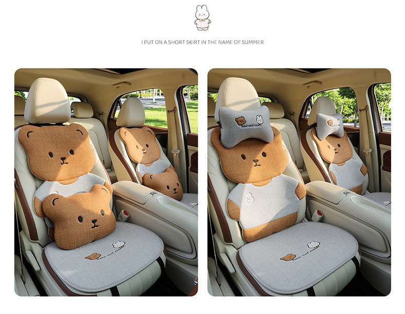 Summer Car Seat Cushion Linen Breathable Cooling Pad for Women, Car Interior Single Piece Cartoon Cute Universal Seat Cover for All Seasons