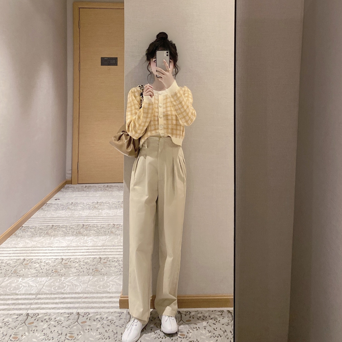 Miss K Women's Homemade Hot Girl Short Cardigan Spring and Autumn Single Breasted High Waist Cardigan Pleated High Cotton Trousers