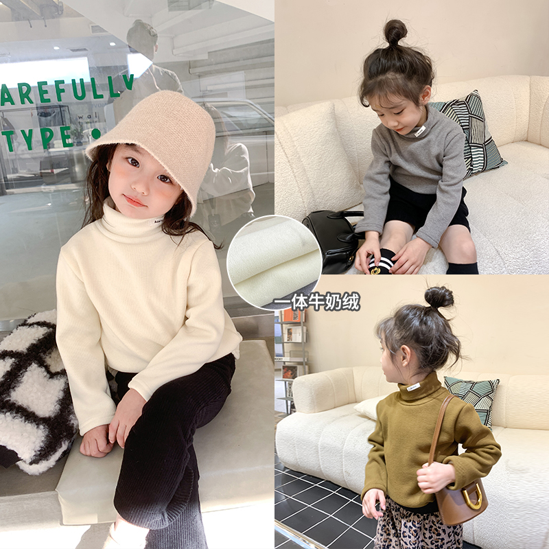 Girl high collar bottom shirt autumn and winter integrated suede children thickened foreign air long sleeves T-shirt female baby winter clothing blouses-Taobao