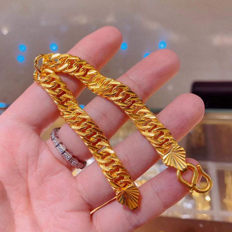 Pure Gold 999.9 Gold Bracelet, Horsewhip Chain, Flat Chain, Hollow Double Buckle Bracelet, Engraved Cuban Bracelet for Men