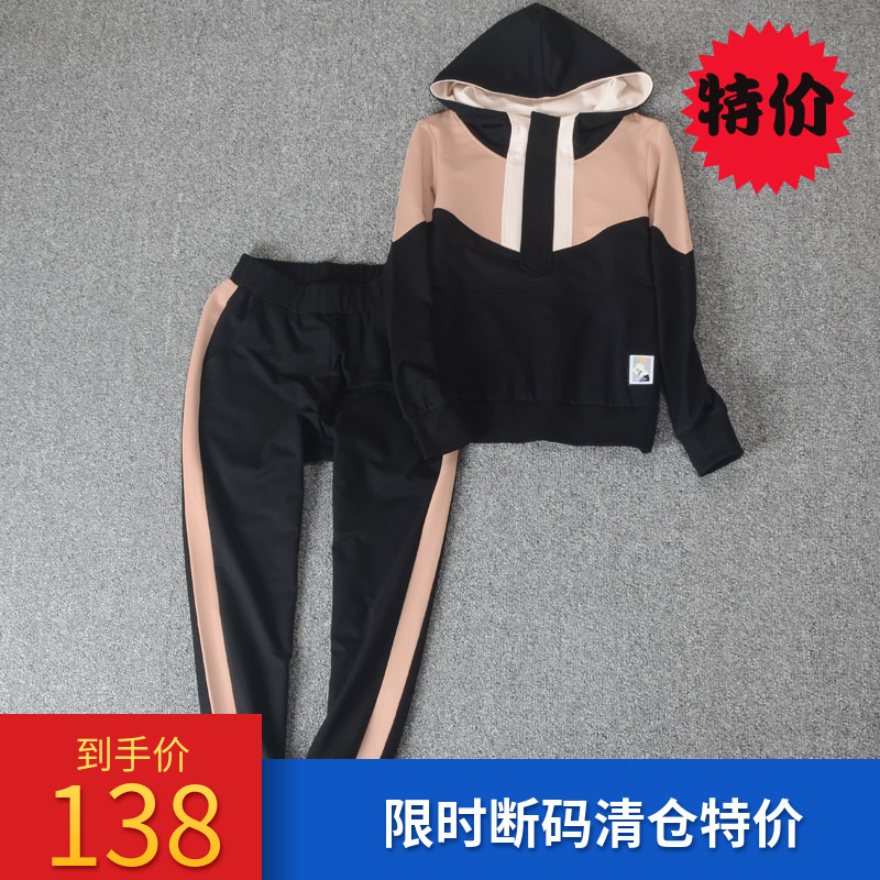 European station color matching casual suit women's new spring and autumn clothing hooded sportswear slim sweater pants two-piece set