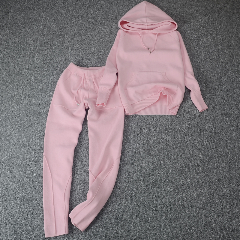 European thickened hooded autumn and winter knitted suit women's net red casual fashion trendy loose foreign style daddy pants two-piece set