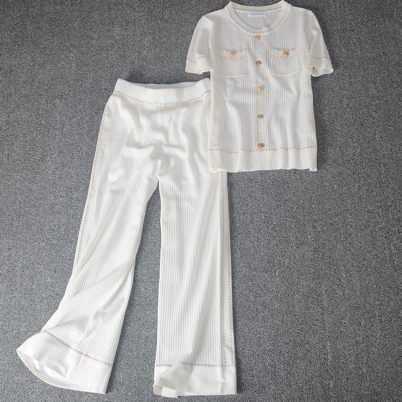 European and American ice silk short-sleeved knitted wide-leg pants trendy brand women's suit small fragrance summer casual two-piece fashion trend