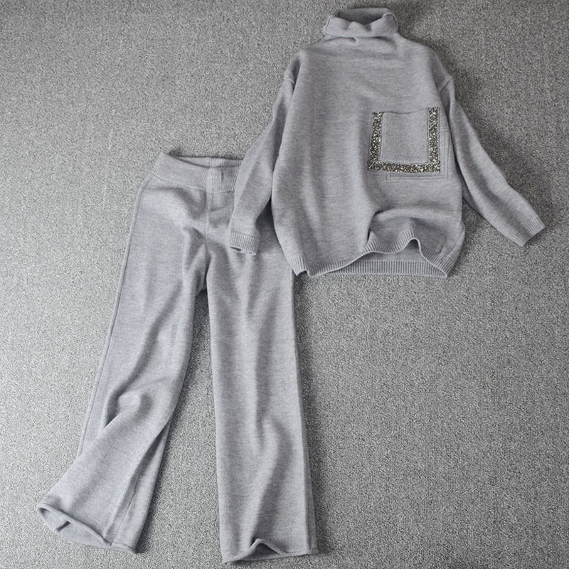 European station heap collar thickened cashmere sweater wide-leg knitted suit women's autumn and winter loose foreign style fashion two-piece set