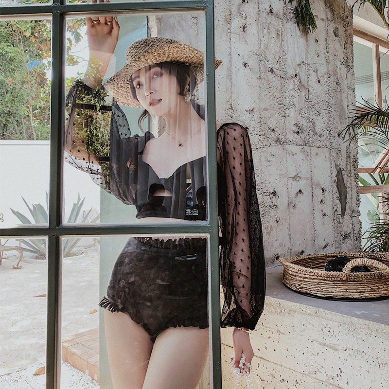 Ins style sexy fairy fan long-sleeved mesh gauze split high waist slimming cover belly conservative beach vacation swimsuit women