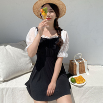 2021 new one-piece swimsuit with chest pads puff sleeves square collar stitching thin and fat temperament swimsuit women