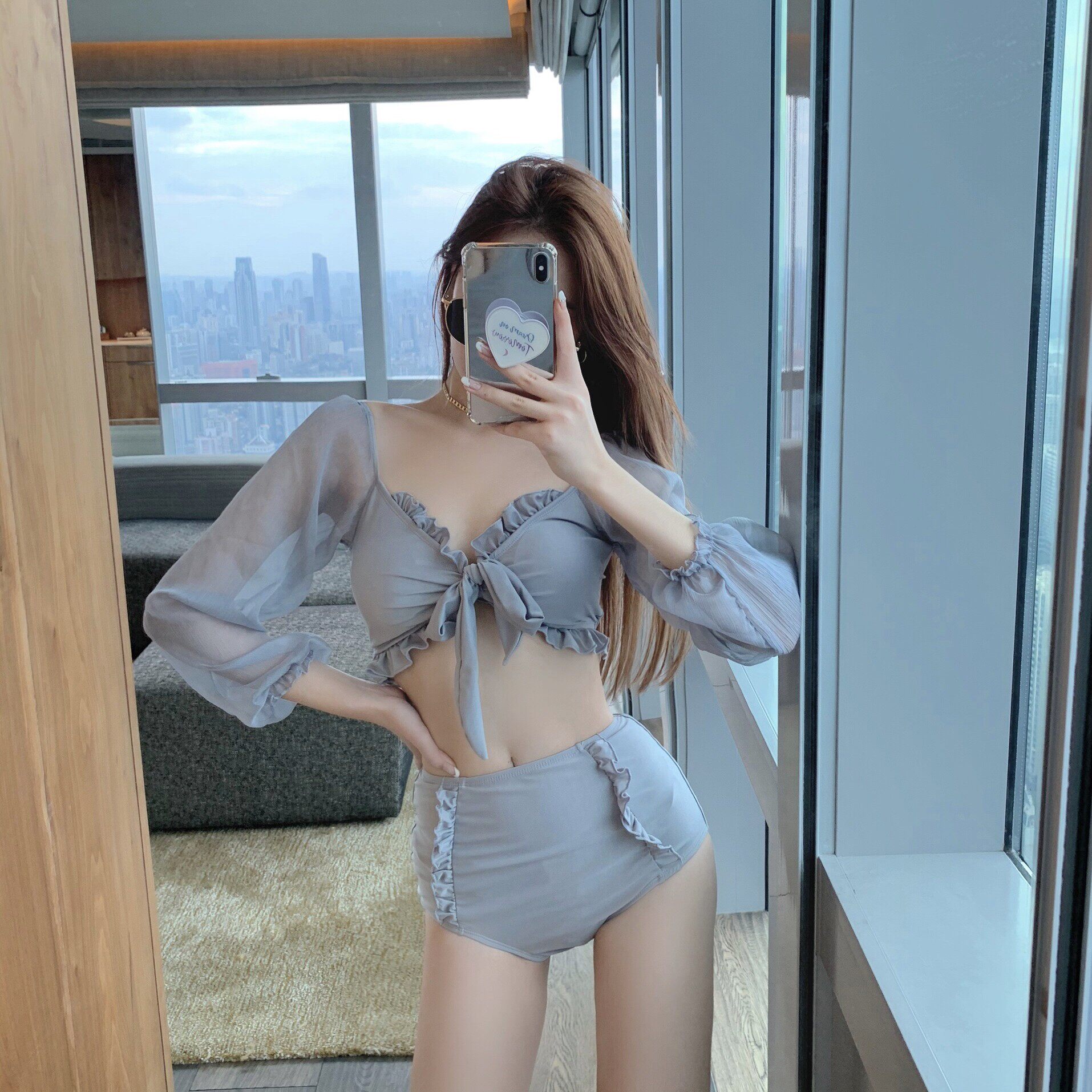 Korean version of long-sleeved split temperament with chest pad swimsuit mesh high waist meat cover belt steel tow bikini fairy fan swimsuit