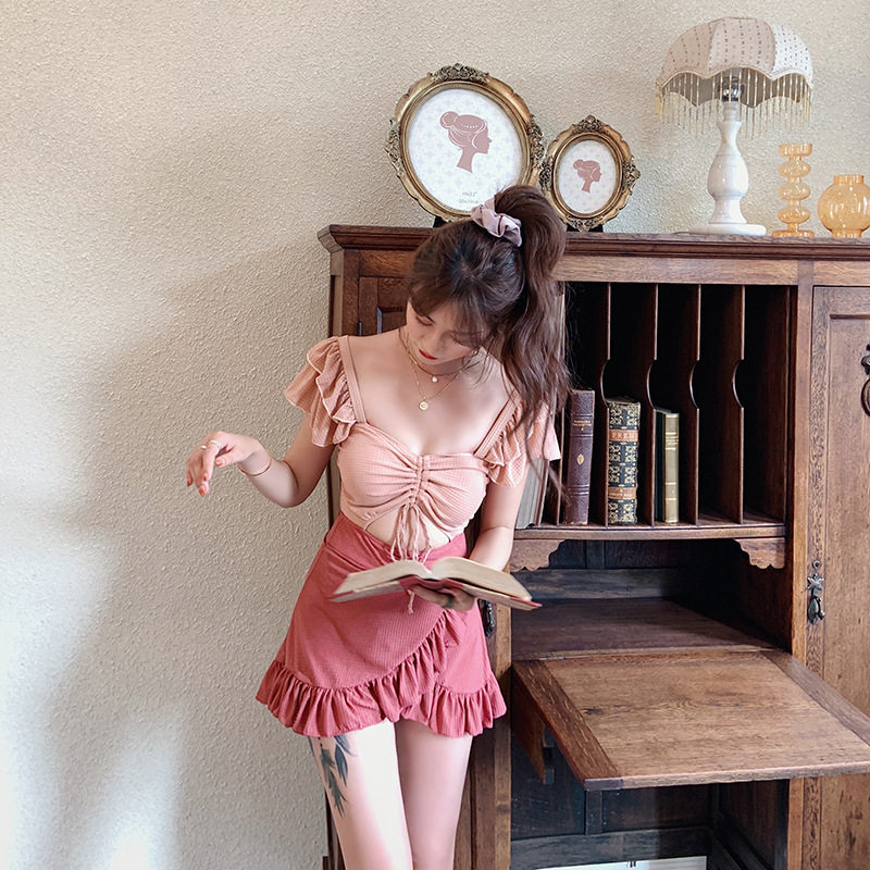 2021 new version of ins style French cute fairy fan fresh one-piece slim high waist hit color swimsuit women's swimsuit