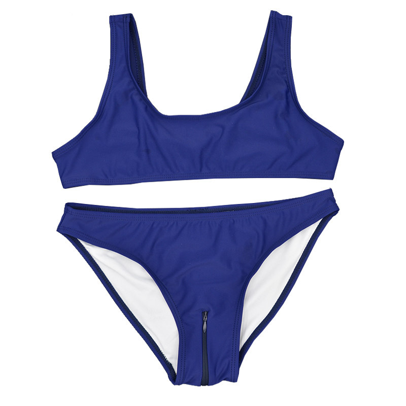 @1711 Cute dead bank water bikini without chest cushion invisible zipper split swimsuit woman dark blue-Taobao