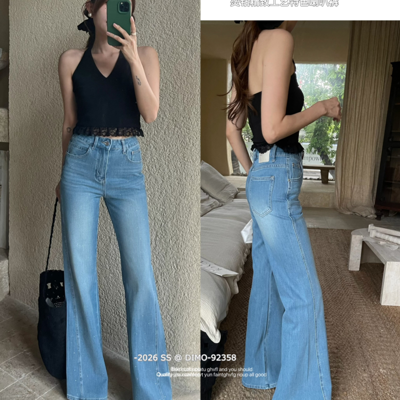 Dimo - Sophisticated and Understated Luxury with Exquisite Rhinestone Craftsmanship, Slightly Flared Wide-Leg Jeans Ys2-92358 Blue