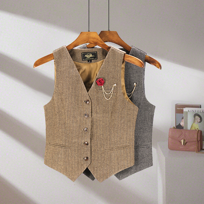 Spring and Autumn Solid Color Retro Herringbone Pattern Light Gray Blended Vest for Commuting, Short Slim Fit Sleeveless Outerwear Vest