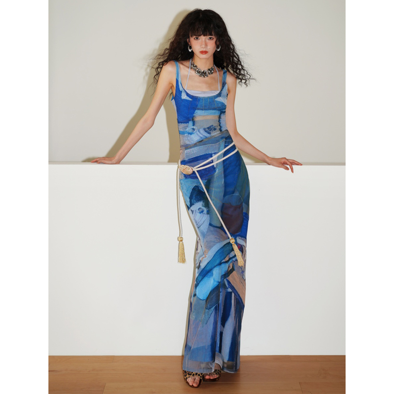 Bad Taste Western Summer Classical Print Covering Side Breasts Fake Two-Piece Slimming Mesh Long Dress Bad Taste Western Summer Classical Print Covering Side Breasts Fake Two-Piece Slimming Mesh Long Dress