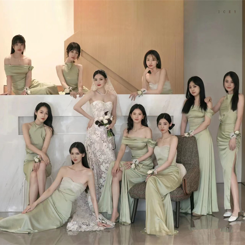 Small Green Bridesmaid Dress Satin High-End Niche Bride Lawn Wedding Sister Dress Slim Sexy Slimming Look