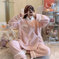 Pregnant women warm pajamas plus velvet padded home clothing set autumn and winter flannel moon clothing postpartum lactation set
