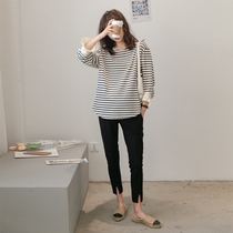 Maternity dress base shirt spring and autumn fashion stripes with wooden ear sleeve round neck coat short tide mother inside wear T-shirt
