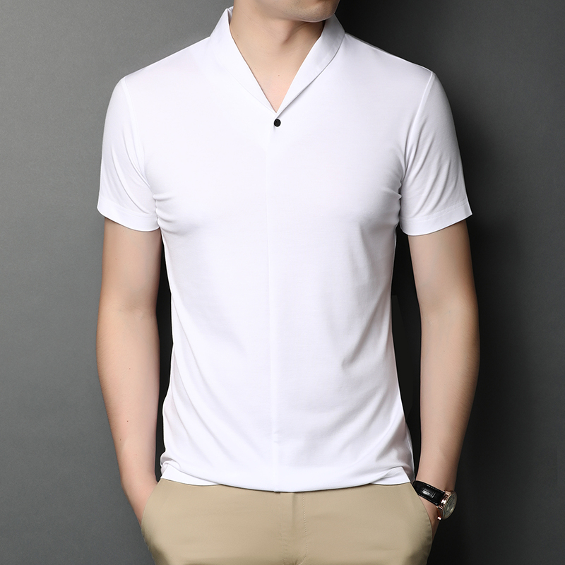 Short sleeved men's T shirt summer personality fashion ice silk men V collar solid color half sleeve shirt bottom shirt fashion men's clothing