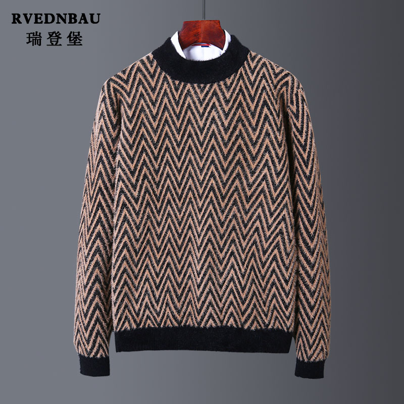 Spring and autumn imitation mink velvet men's round neck thickened warm sweater trend Korean version loose handsome men's knitted sweater