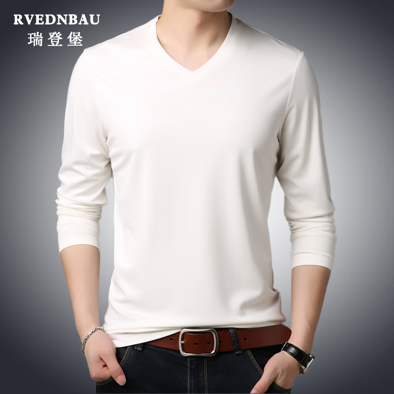 2022 fall casual men's V collar pure color long sleeve T-shirt 100 hitch in Korean version casual men's clothing with undershirt big size