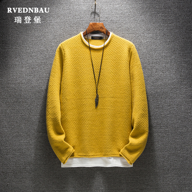 Spring and autumn fashion men's fake two-piece sweater Casual trend men's Korean version of solid color thickened sweater sweater