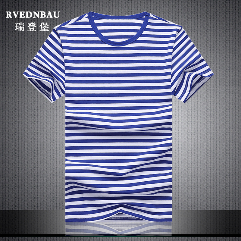 Summer Sailor Shirt Short-Sleeve T-Shirt Men's Crew Neck Navy Style Half-Sleeve Pure Cotton Blue and White Striped Plus Size Trendy