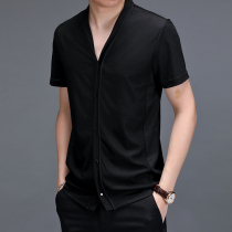 Summer mens mulberry silk short-sleeved t-shirt cardigan fashion Korean version of silk handsome mens ice silk half-sleeved t-shirt trend