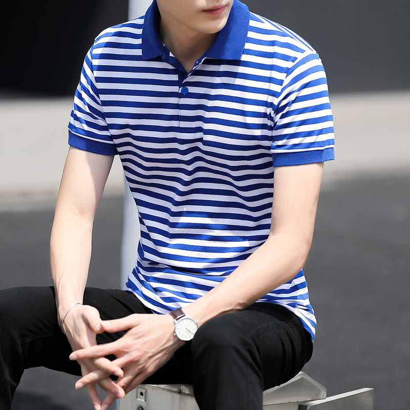 Summer Navy Style Men's Striped Short-Sleeve T-Shirt Sailor Shirt Men's Slim-Fit Polo Shirt Pure Cotton Half-Sleeve Plus Size