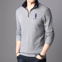 Autumn cotton long-sleeved mens t-shirt casual zipper stand collar mens Paul polo shirt trendy solid color embroidery bottoming shirt