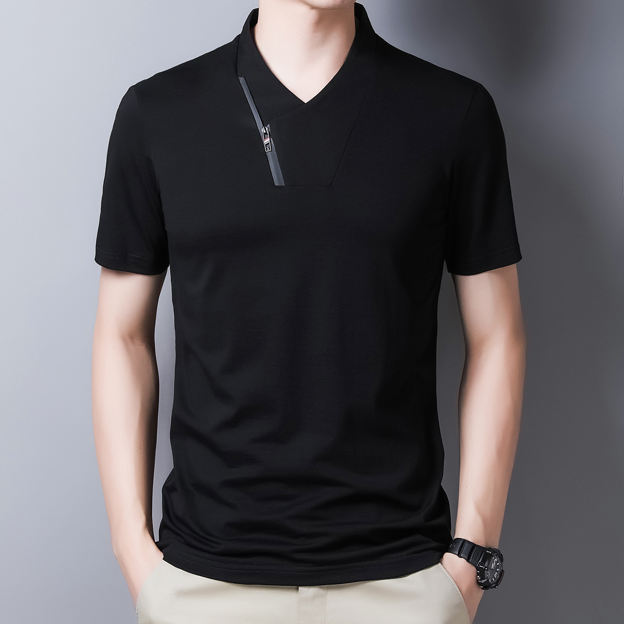 Summer Fashion Men V Collar Short Sleeve T-Shirt Silk Light Cotton Handsome Gas Green Fruit Collar Ice Silk Men's Half Sleeve Pure Cotton T-Shirt Tide