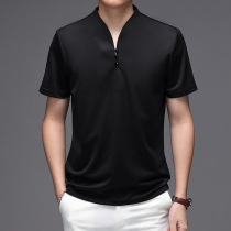 Summer personality fashion ice silk mens V-neck mulberry silk short-sleeved t-shirt trendy handsome mens silk half-sleeve t-shirt