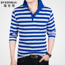 Blue and white striped mens long sleeve T-shirt size 2021 spring and autumn cotton polo shirt youth bottoming body shirt tide
