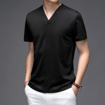 Mulberry silk short-sleeved mens t-shirt summer trend personality mens V-neck ice silk fake cardigan fashion handsome mens half sleeves