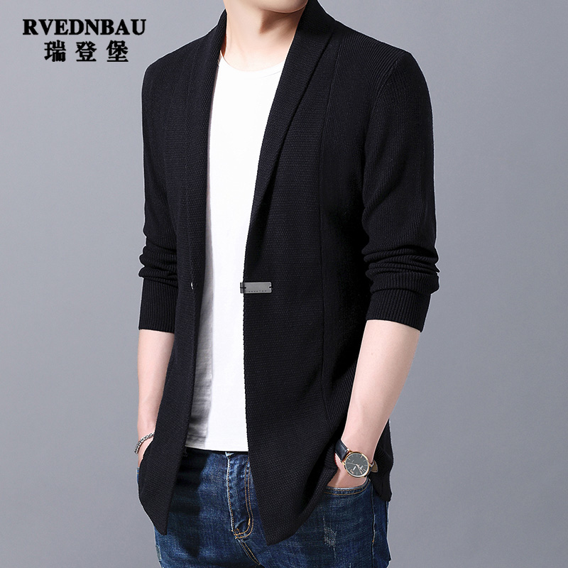 Jacket men's loose Korean version of the long version of men's handsome sweater cardigan trendy men's green middle-aged solid color knitted sweater