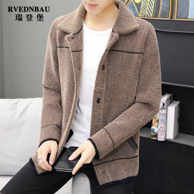 Autumn and winter long version of men's imitation mink coat Men's Korean loose sweater warm sweater cardigan coat