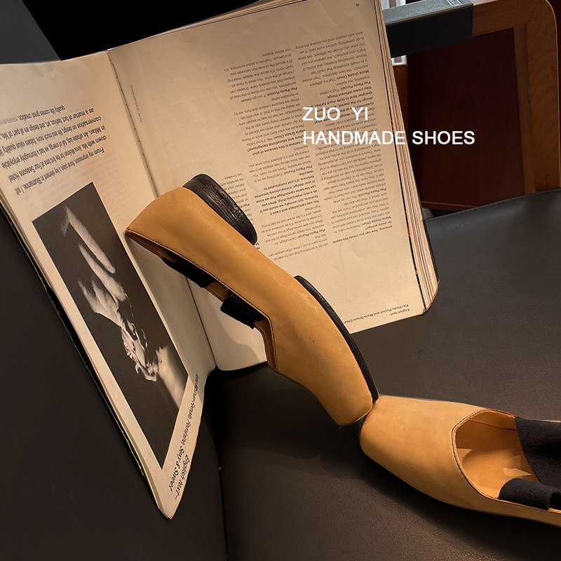 Handmade shoes zuoyi left has women's shoes ballet shoes retro cross straps square toe leather bag shoes flat shoes women