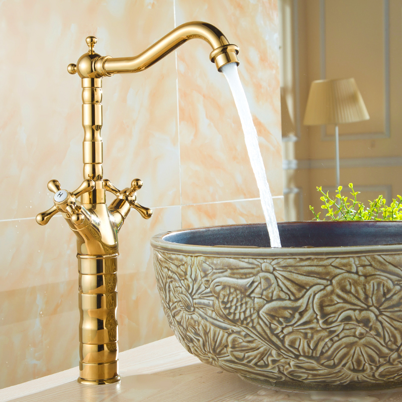 Golden tap hot and cold European style tap full copper bathroom plus high green flower porcelain table surface basin gilded antique tap