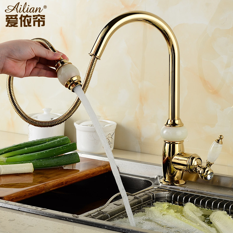 Eurostyle natural jade tap full copper pull-out gold tap kitchen single-hole face basin hot and cold tap