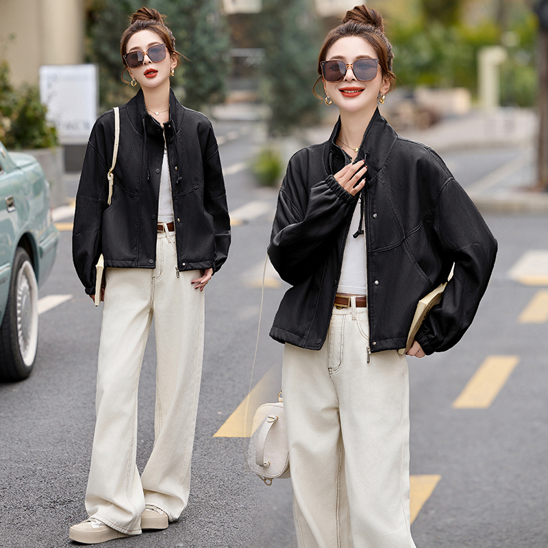 Genuine Leather Jacket for Women, Short Style, Korean Style, Loose Fit, Stand Collar, 2025 Spring and Autumn New Casual Versatile Jacket Top