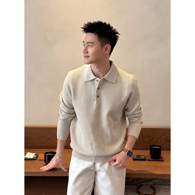 High-End Textured Long-Sleeve Knit Polo Shirt for Men, Autumn Light Luxury Trendy Casual Old Money Style Relaxed Lapel Sweater High-End Textured Long-Sleeve Knit Polo Shirt for Men, Autumn Light Luxury Trendy Casual Old Money Style Relaxed Lapel Sweater