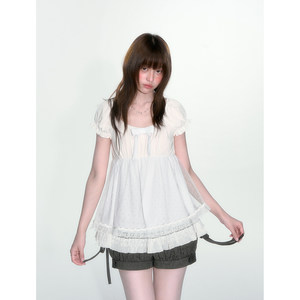 Jingyeyue White Polka Dot Mesh Puff Sleeve Cake Short-Sleeve Bow Lace New Versatile T-Shirt Top