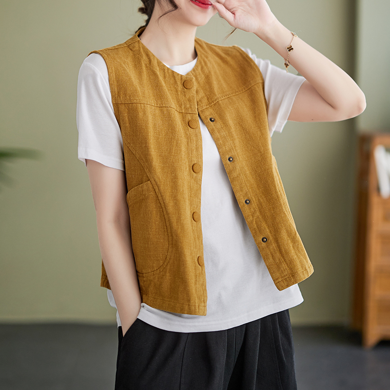Casual and Simple Cotton Vest Jacket for Women, Summer Solid Color Sleeveless Outerwear, Loose and Slimming Cardigan Top, Thin