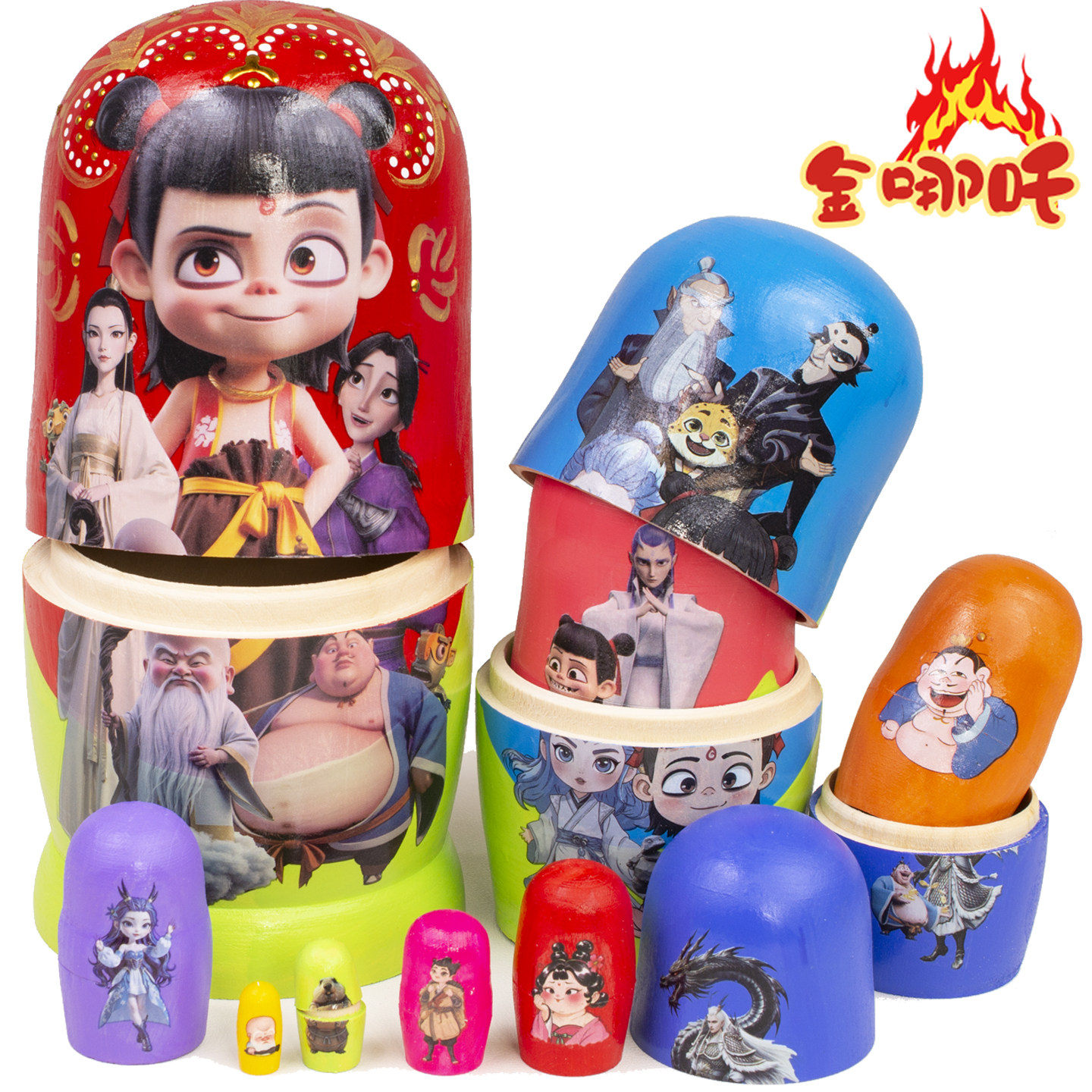 高級なシナノキ材を使用した、10層のロシア製マトリョーシカ人形（映画版）。こどもの日の贈り物、知育玩具、工芸品、装飾品として最適です。