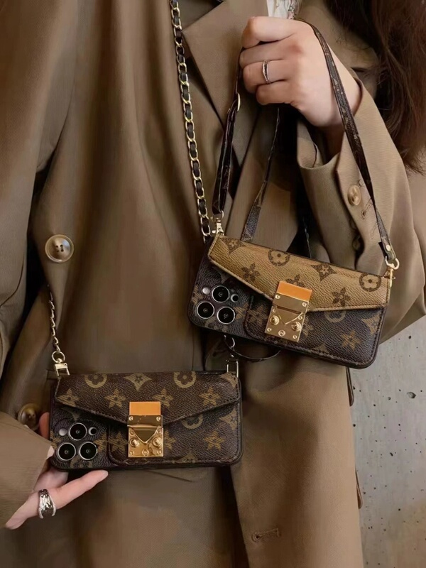 Suitable for Apple 15 Pro Max Phone Case New Model iPhone 14 Crossbody Strap Chain Lanyard 13 Protective Case 12 High-End Niche Presbyopia 11 Card Holder Light Luxury Faux Leather Retro Full Cover for Women