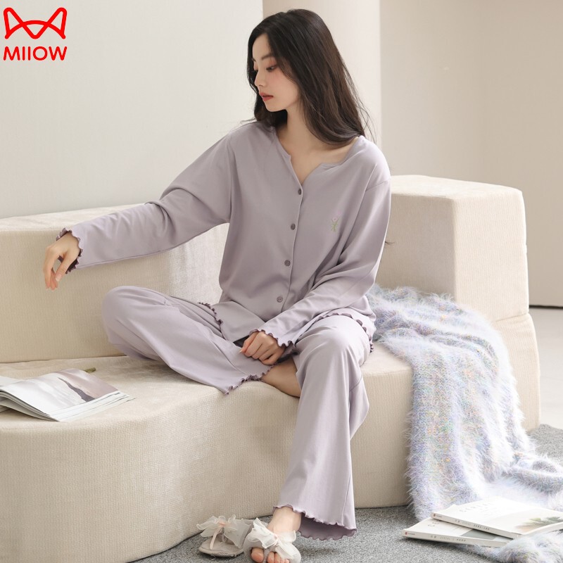 Cat-Themed Women's Pajamas for Spring and Autumn 2026, New Pure Cotton Long-Sleeve, Long-Pants, Cardigan, Collarless, High-End Loungewear Set