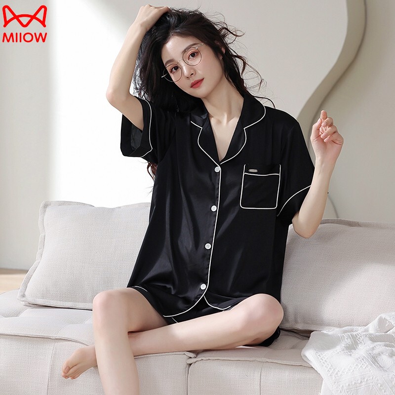 Catman Ice Silk Pajamas Women's Summer Short-Sleeved Simulated Silk Summer Satin High-Quality Light Luxury Home Clothing Set